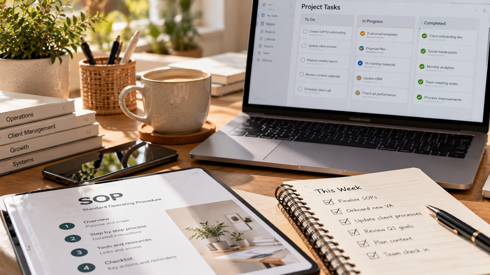 Close up of an organised digital workspace, SOP document, checklist and laptop.