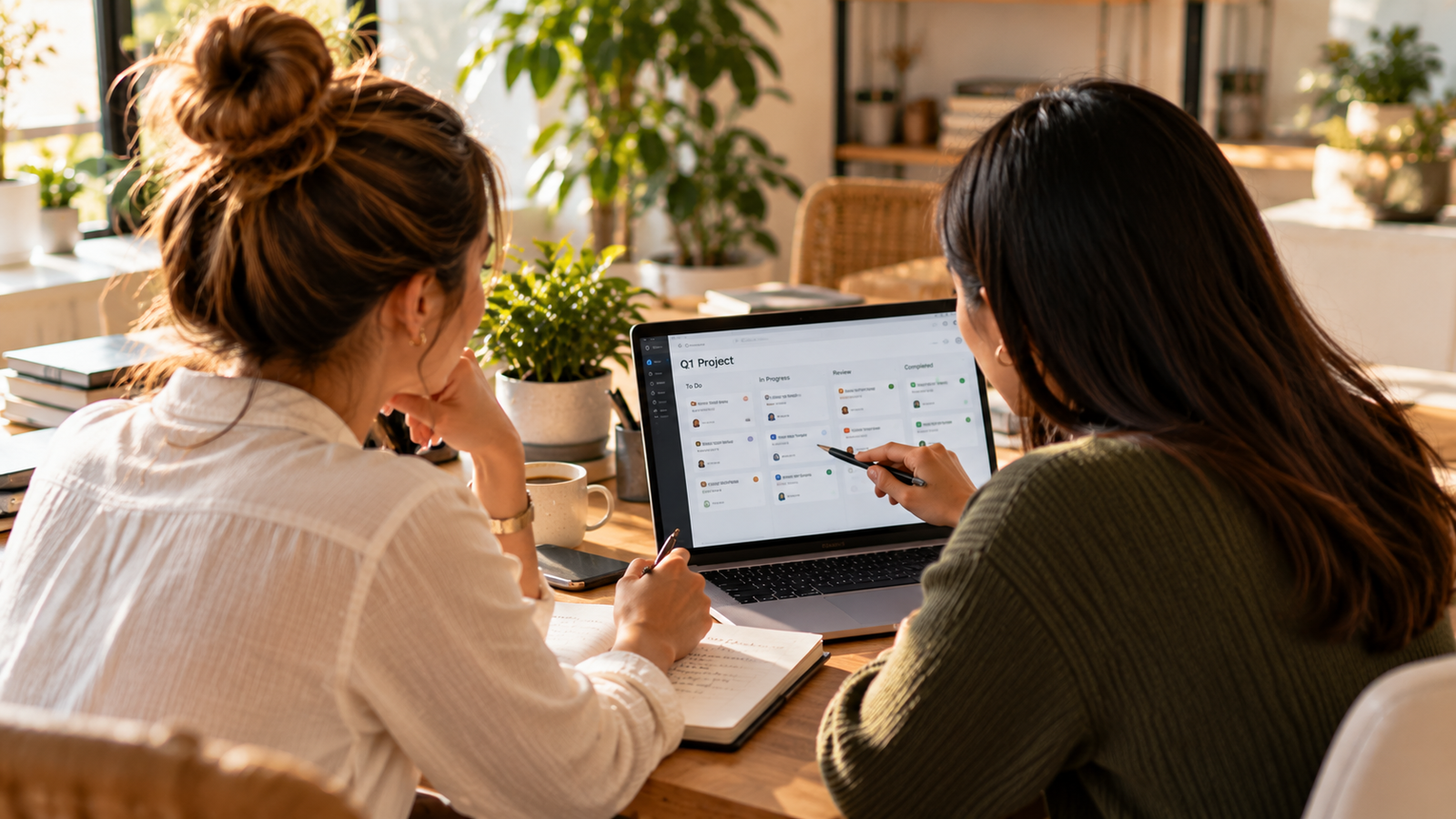 Two people working together remotely, one business owner and one VA, looking at the same project or dashboard.