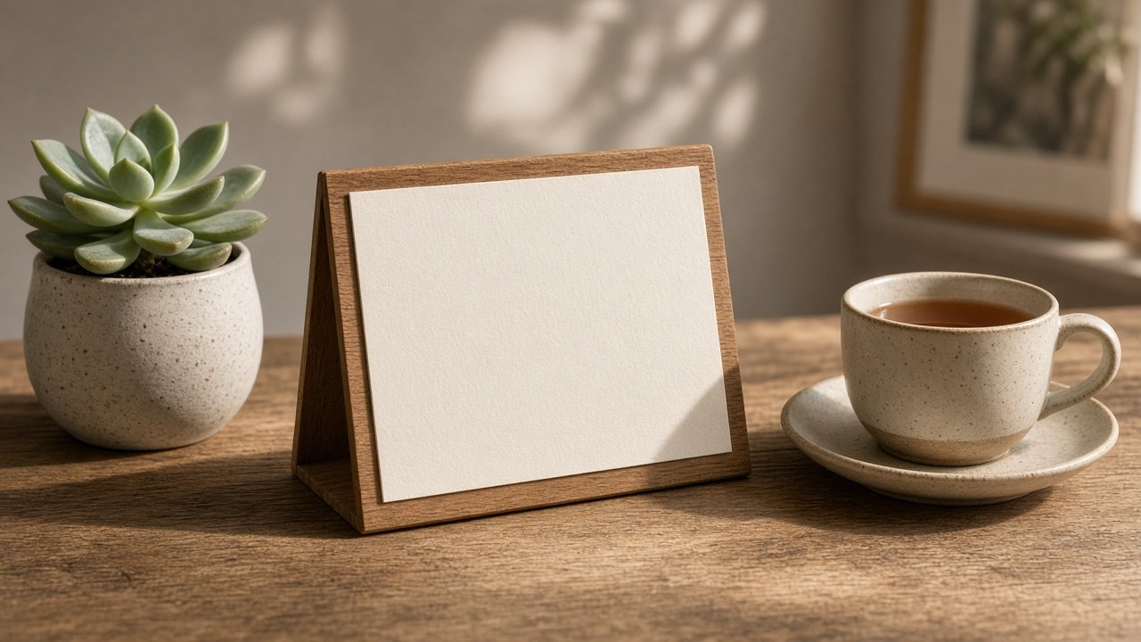 A standing desk calendar next to a plant and tea