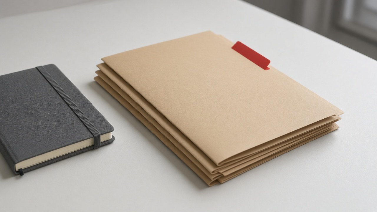 A folder marked with a red tab on a desk