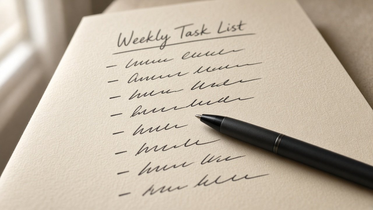 A handwritten weekly task list on a desk